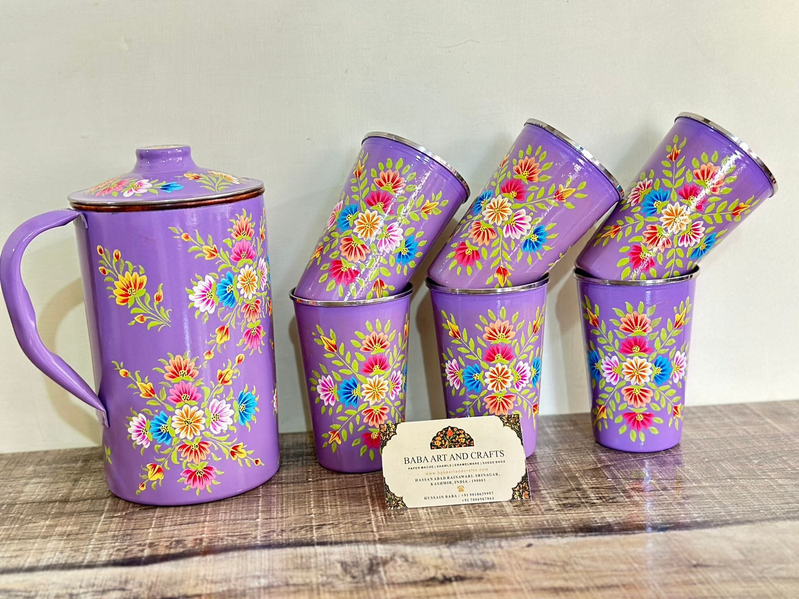 Hand painted jug set, Enamel Ware utensils,Enamelware jug set with 6 hand painted steel glass , kashmiri enamelware, hand painted tumbler and steel pitcher